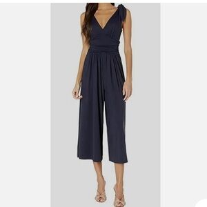 Susana Monaco romper Blue Tie Shoulder Stretch Ruched Jumpsuit wide leg fall S 4